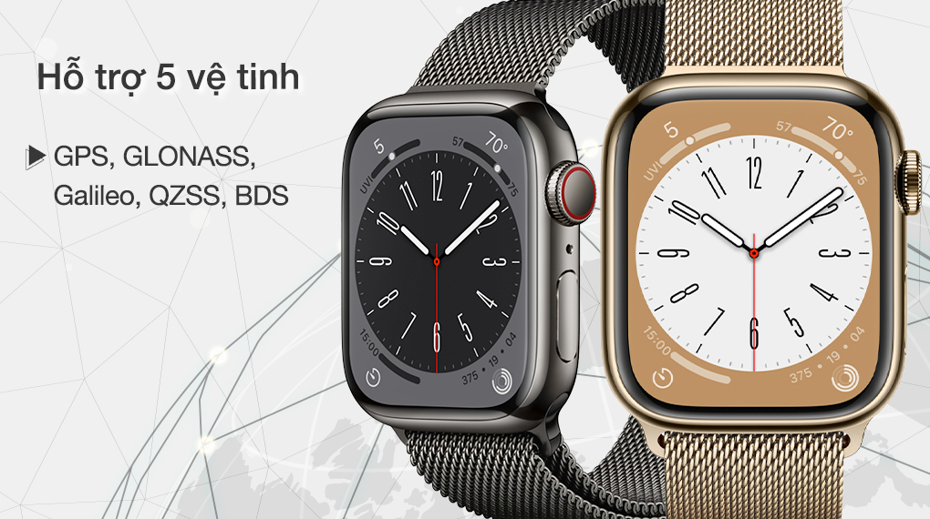 Đồng hồ thông minh Apple Watch S8 LTE 45mm dây thép - Hệ thống 5 vệ tinh và cảm biến tân tiến