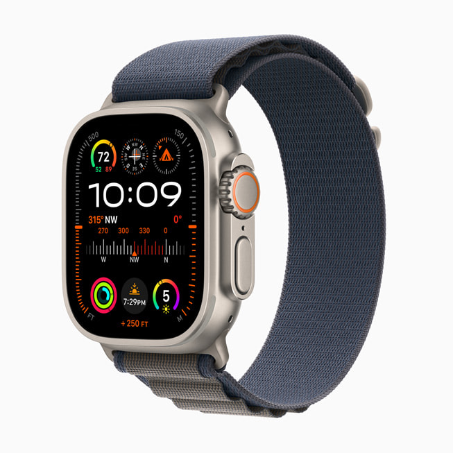 Hình ảnh Apple Watch Ultra 2 với Dây Quấn Alpine màu xanh navy.