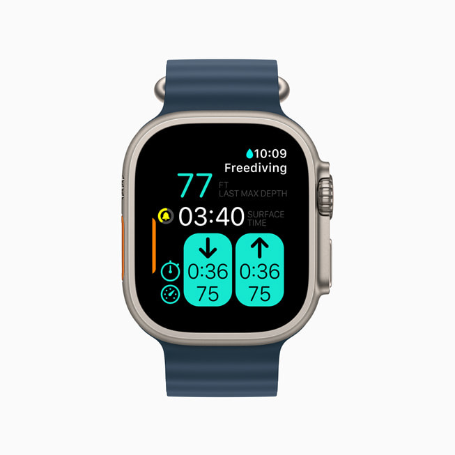 Apple Watch Ultra hiển thị những thông số lặn tự do của người dùng.