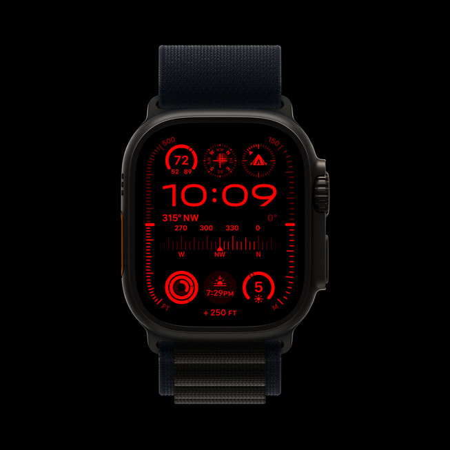 Hình ảnh mặt đồng hồ Modular Ultra mới trên Apple Watch Ultra 2 ở Chế Độ Ban Đêm.
