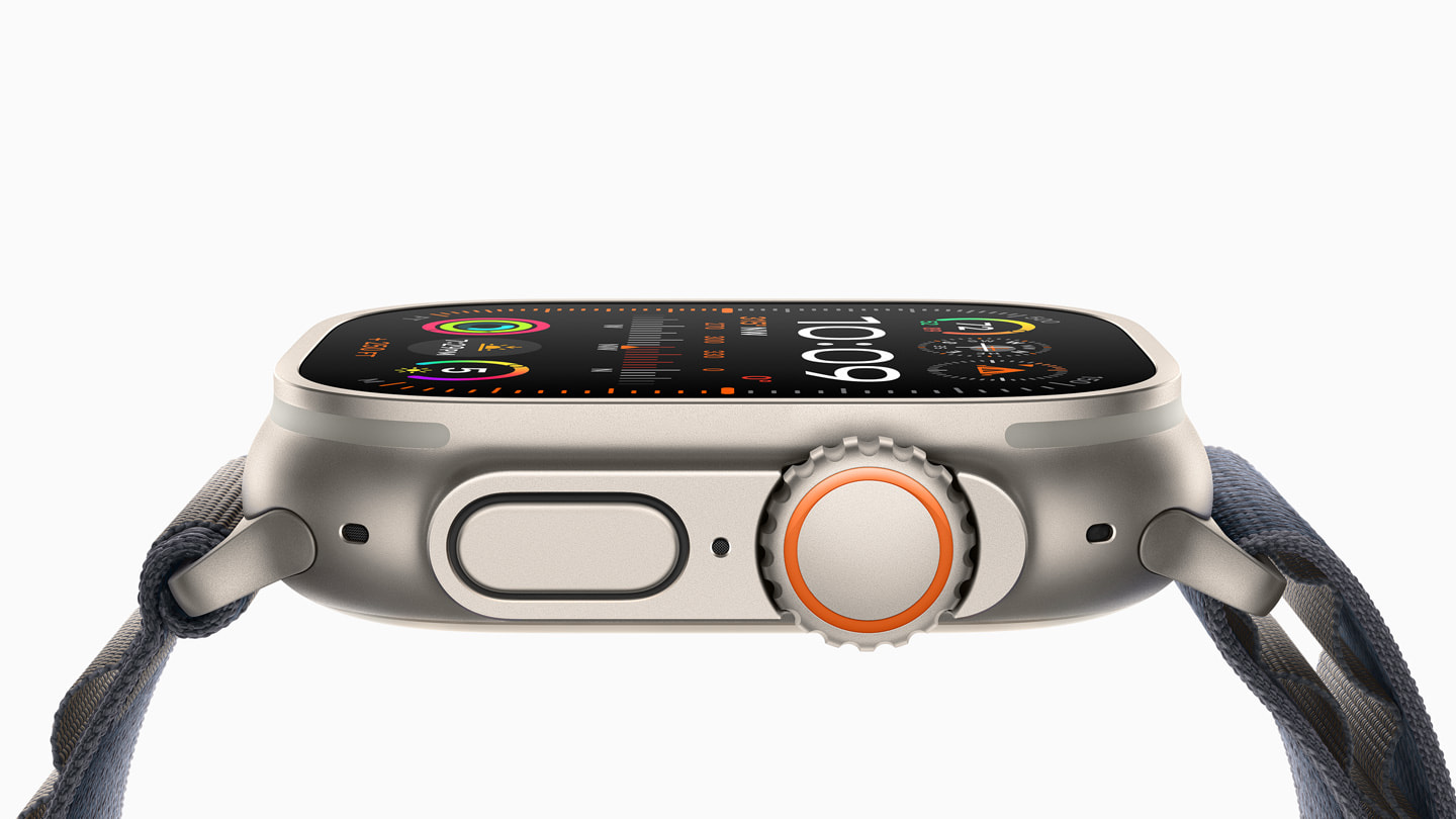 Hình ảnh cận cảnh mặt bên của Apple Watch Ultra 2 với Digital Crown.