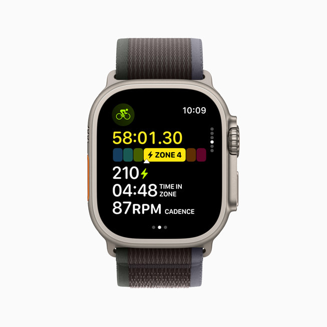 Hình ảnh Apple Watch Ultra 2 hiển thị các chỉ số trong bài tập của một người đi xe đạp.