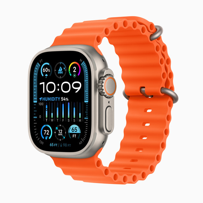 Hình ảnh Apple Watch Ultra 2 với Dây Đeo Ocean màu cam.